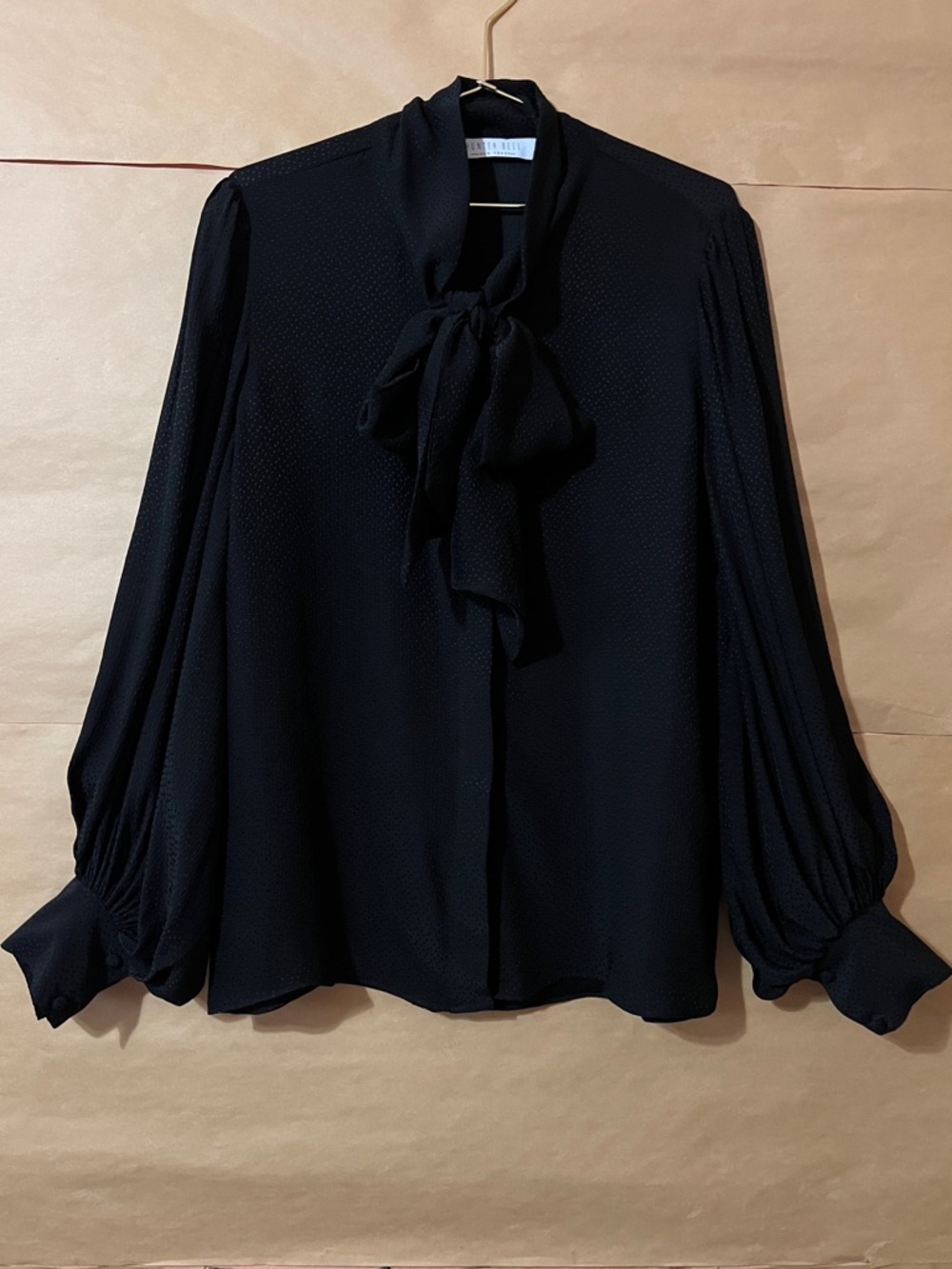 Hunter Bell Finley Top Silk Dobby Dot Tie Neck Blouse Button Front Black Size M